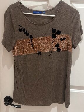 Apt. 9 Brown Tee with Copper Sequin Band and Black Floral Applique